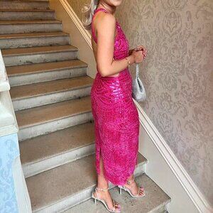 ASOS Pearl And Fringe Halter Midi Dress in Pink Size US 6